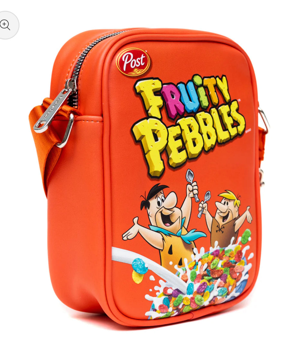 Crossbody Bag with Pocket - Fruity Pebbles Fred Flintstone and Barney Rubble Cereal Box Replica Bright Red