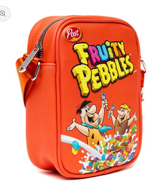 Crossbody Bag with Pocket - Fruity Pebbles Fred Flintstone and Barney Rubble Cereal Box Replica Bright Red