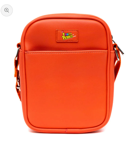 Crossbody Bag with Pocket - Fruity Pebbles Fred Flintstone and Barney Rubble Cereal Box Replica Bright Red