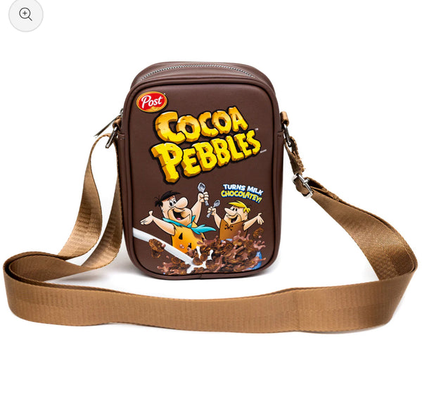 Crossbody Bag with Pocket - Cocoa Pebbles Fred Flintstone and Barney Rubble Cereal Box Replica Brown