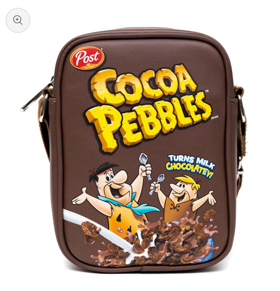 Crossbody Bag with Pocket - Cocoa Pebbles Fred Flintstone and Barney Rubble Cereal Box Replica Brown